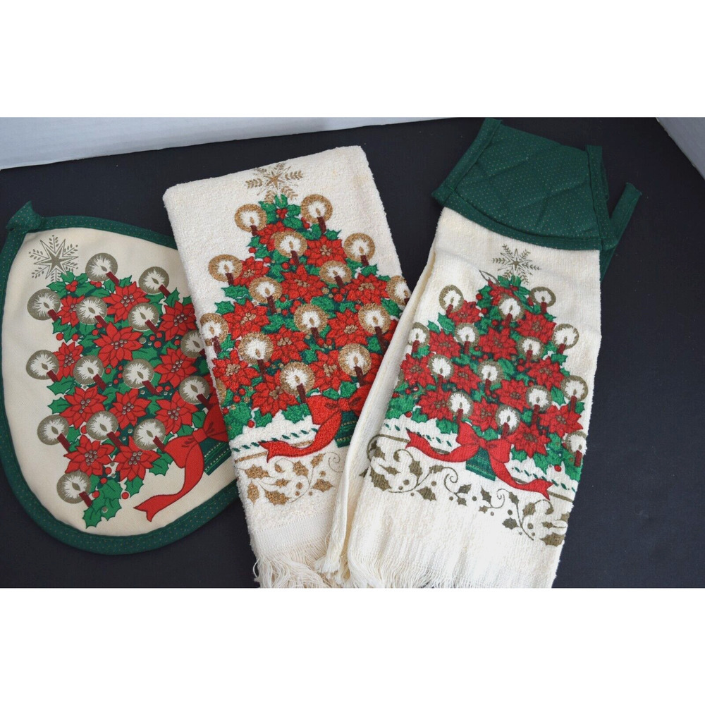 Cecil Saydah 3pc Christmas Kitchen Towel Set‎ Poinsettia Tree Hot Pad Tie Vtg